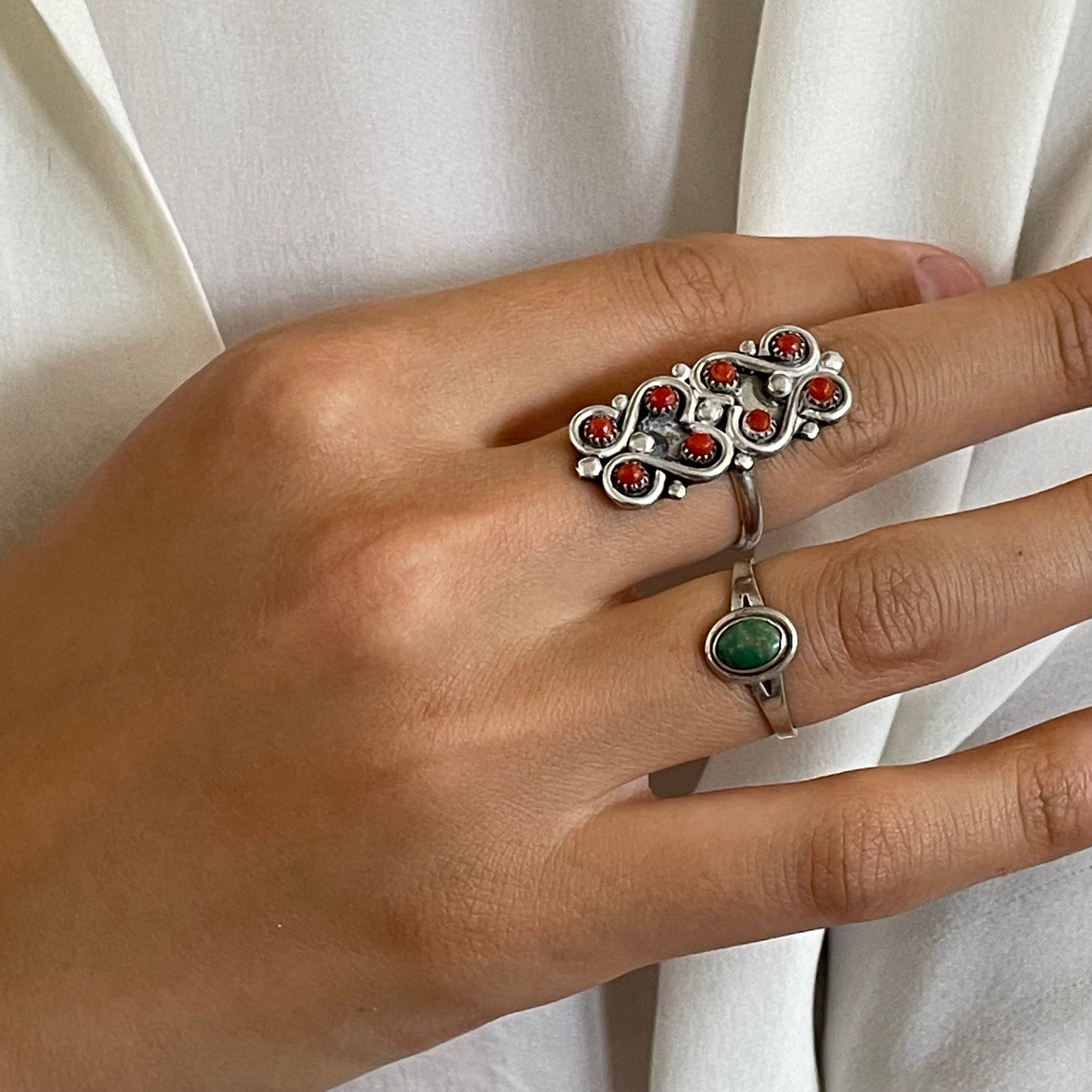 Vintage 50s Artisan Hand Wrought Navajo Red Coral Cluster Statement Sterling Silver Ring