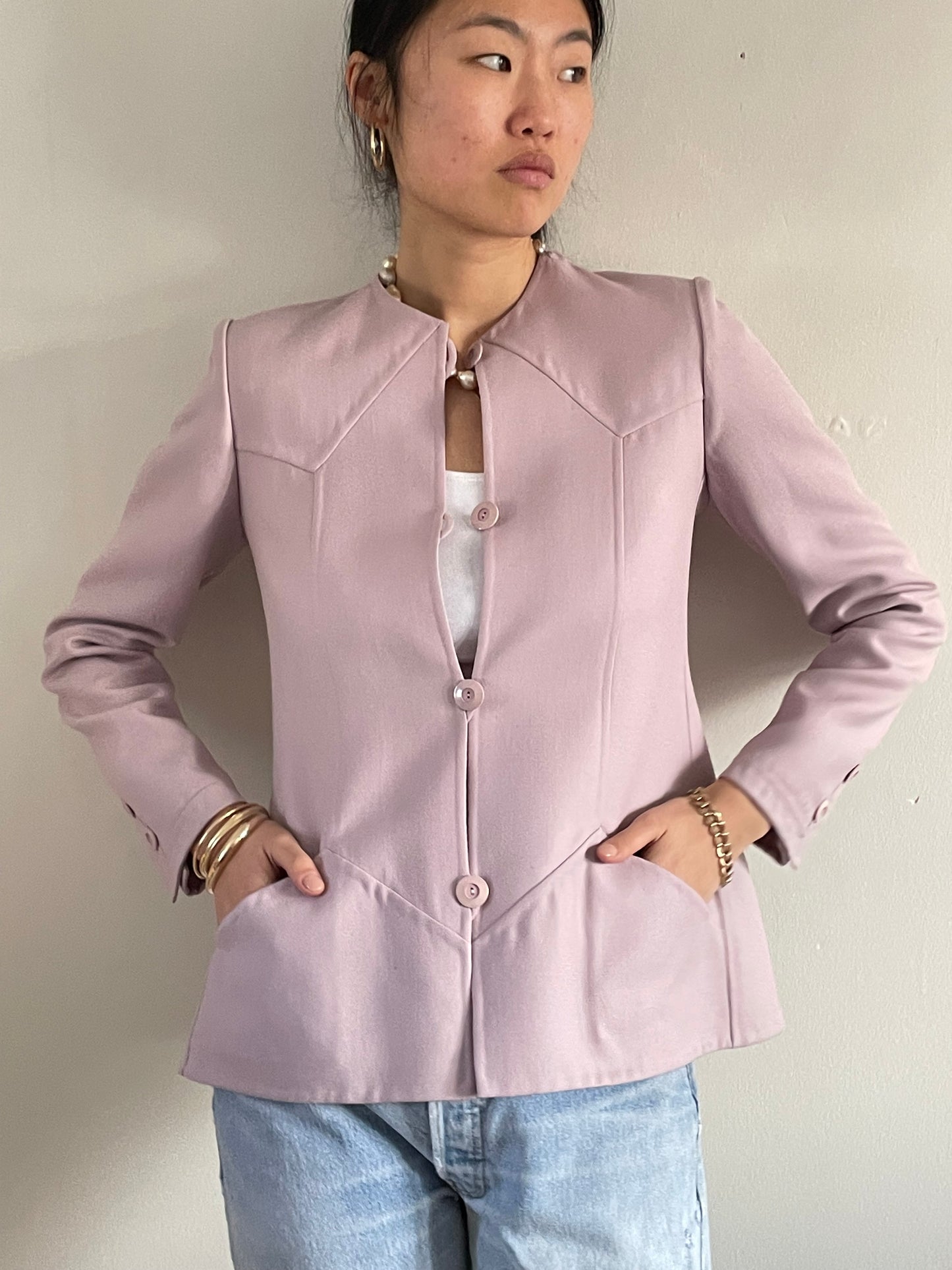 vintage André Laug Haute Couture lavender wool blazer and skirt suit