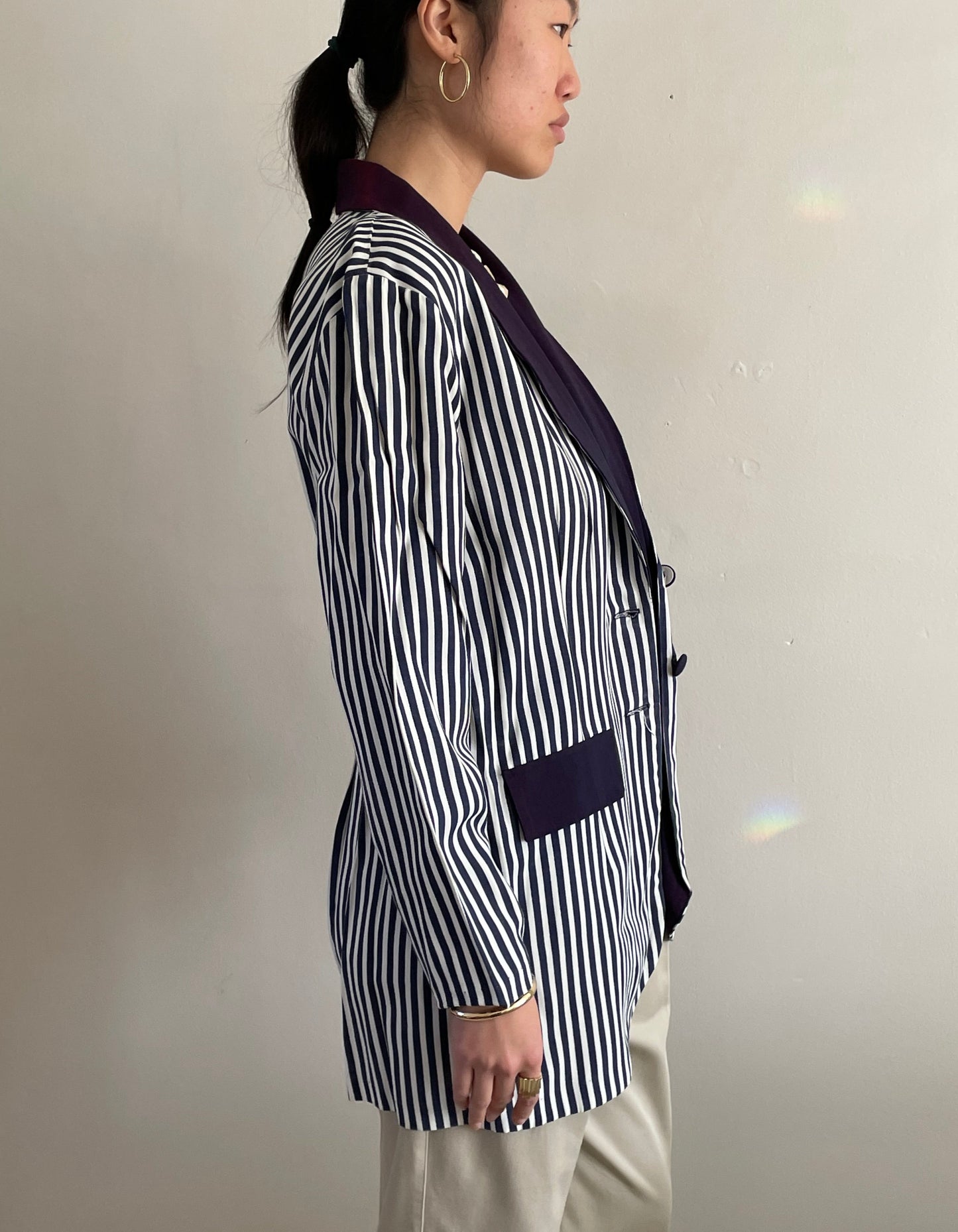 vintage 90s navy blue striped rayon blazer Large