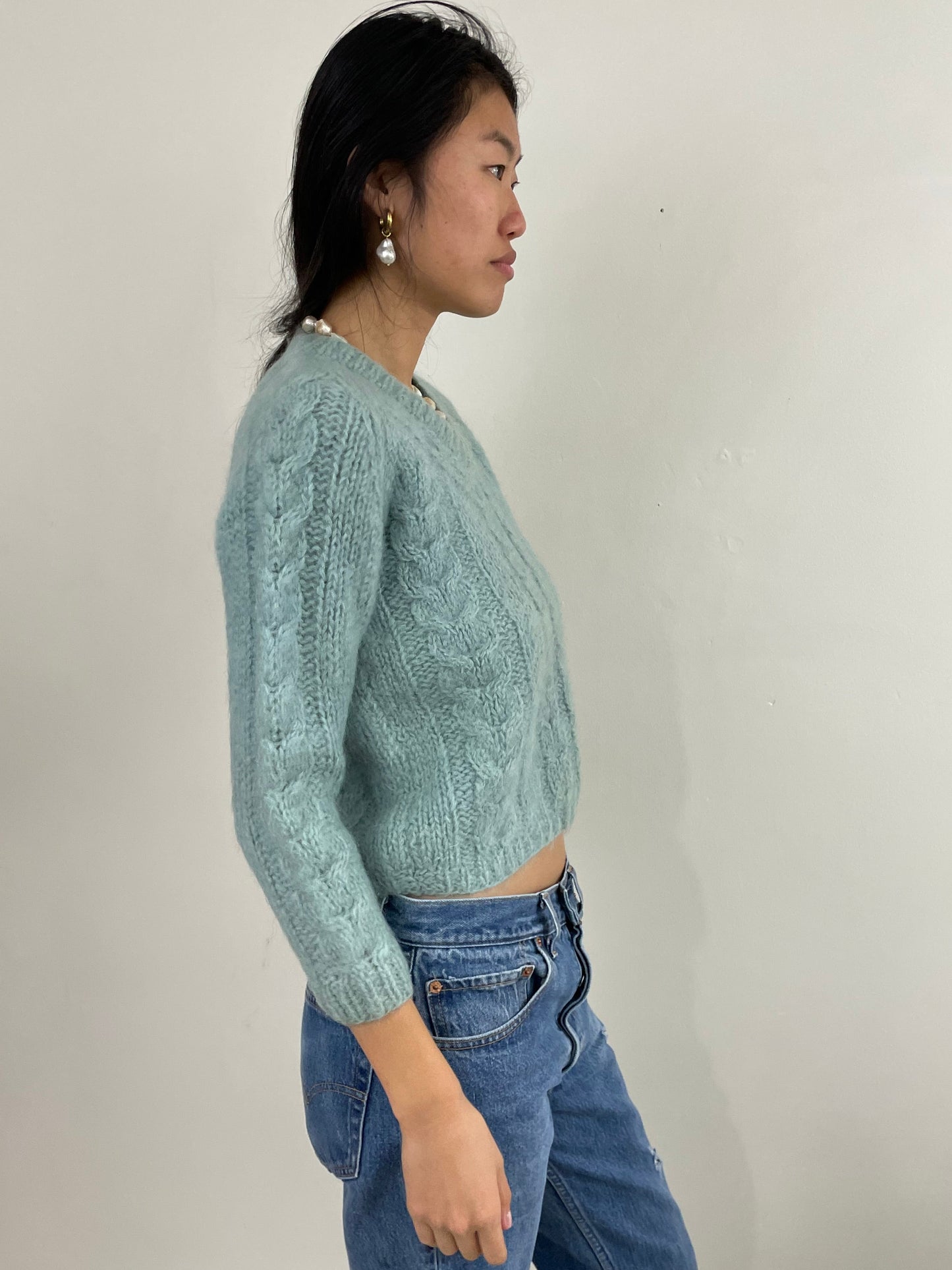 Vintage 60s Mohair Hand Knit Robins Egg Blue Cropped Cable Sweater S