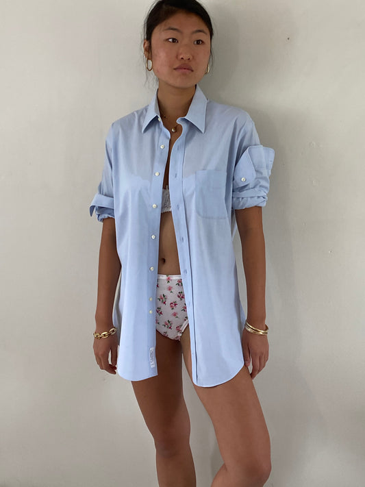 vintage 70s cotton ice blue boyfriend button down menswear shirt | Large