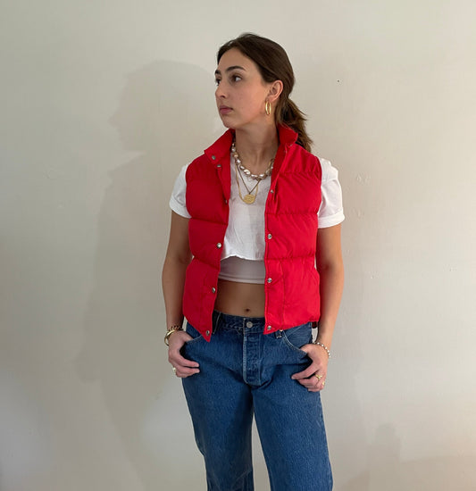 vintage 70s LL Bean goose down cherry red puffy womens vest | Cursive snap front cropped puffer Small