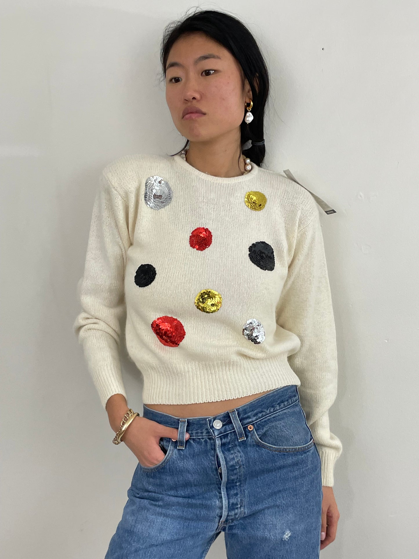 Vintage 90s White Sequins Disco Ball Silk Angora NWT Sweater Med
