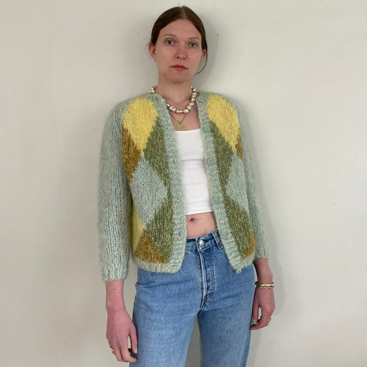 vintage 60s hand knit mohair Italian argyle robins egg blue cardigan sweater Medium