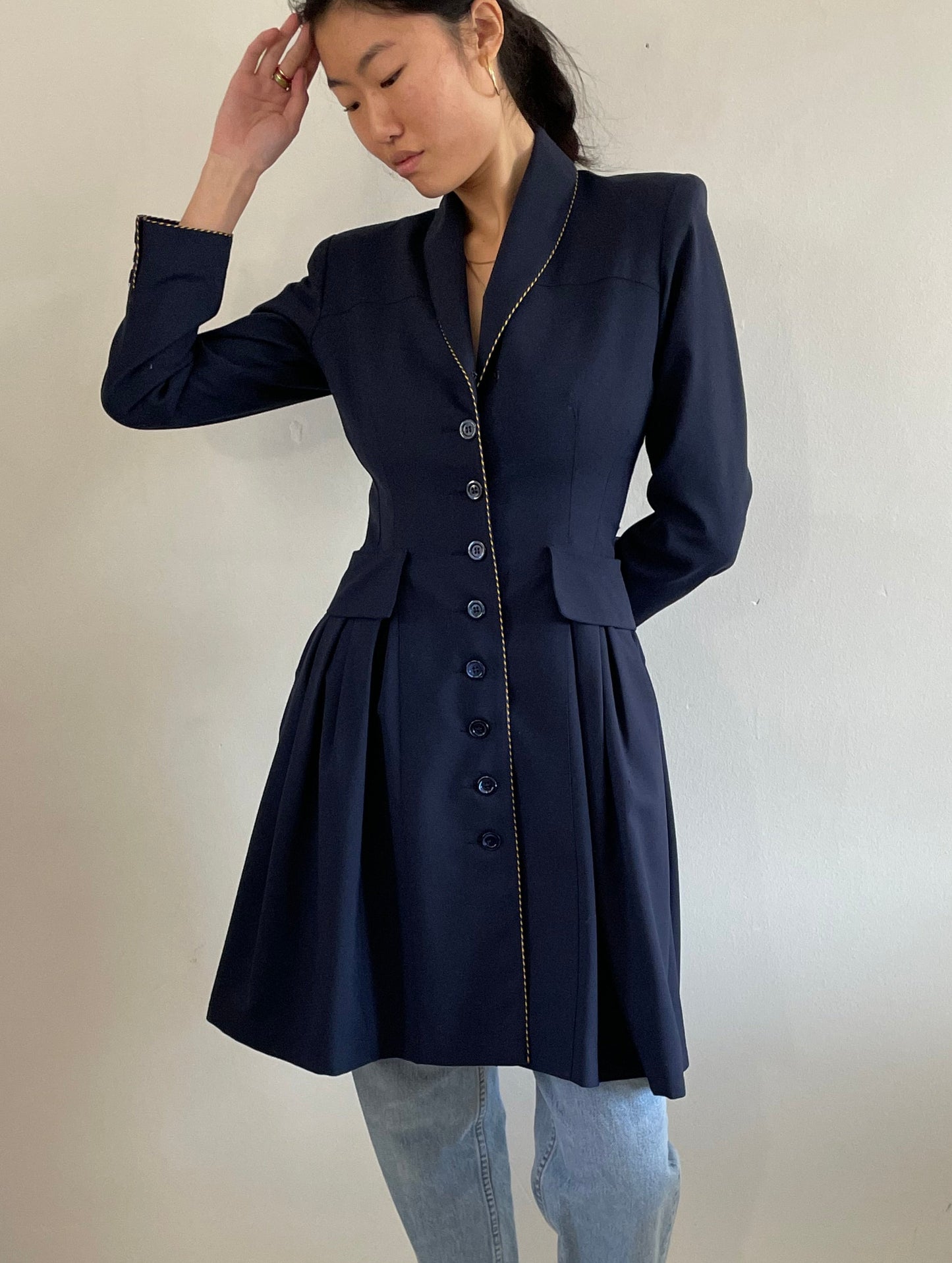 vintage Myrene de Premonville couture midnight blue nipped waist long line all season wool blazer