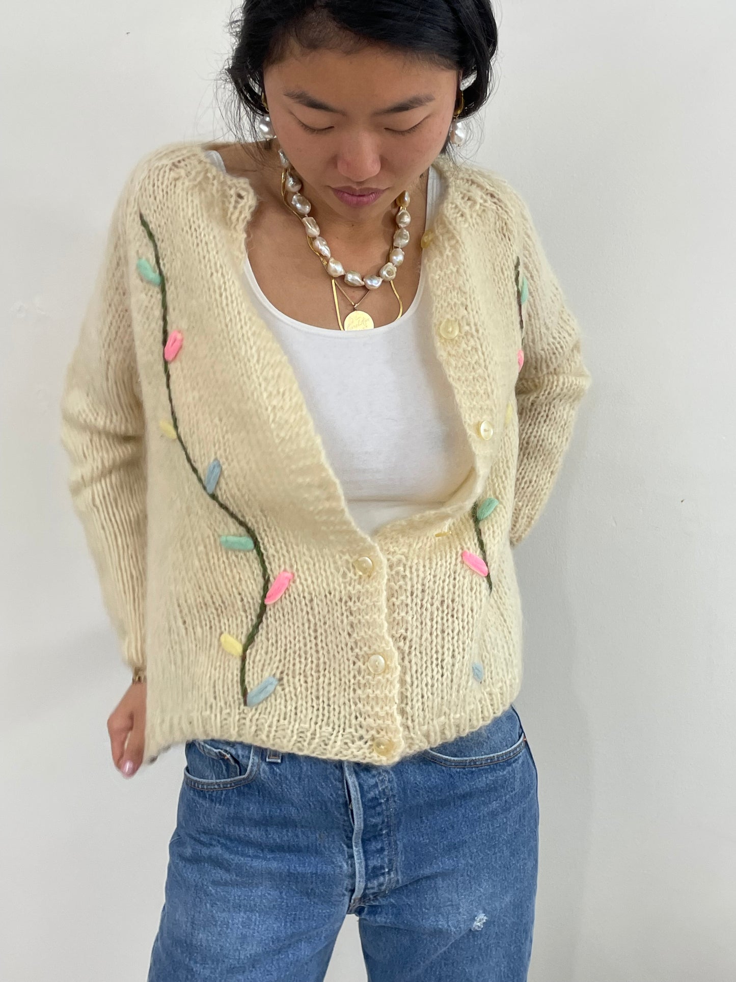 Vintage 60s Hand Knit Italian Fuzzy Wool Mohair Cardigan