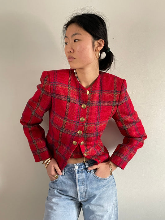 Vintage Plaid Cropped Gold Button Chain Blazer + Matching Skirt Suit Set | Vintage Ellen Tracy Red Tweed Wool Blazer Suit