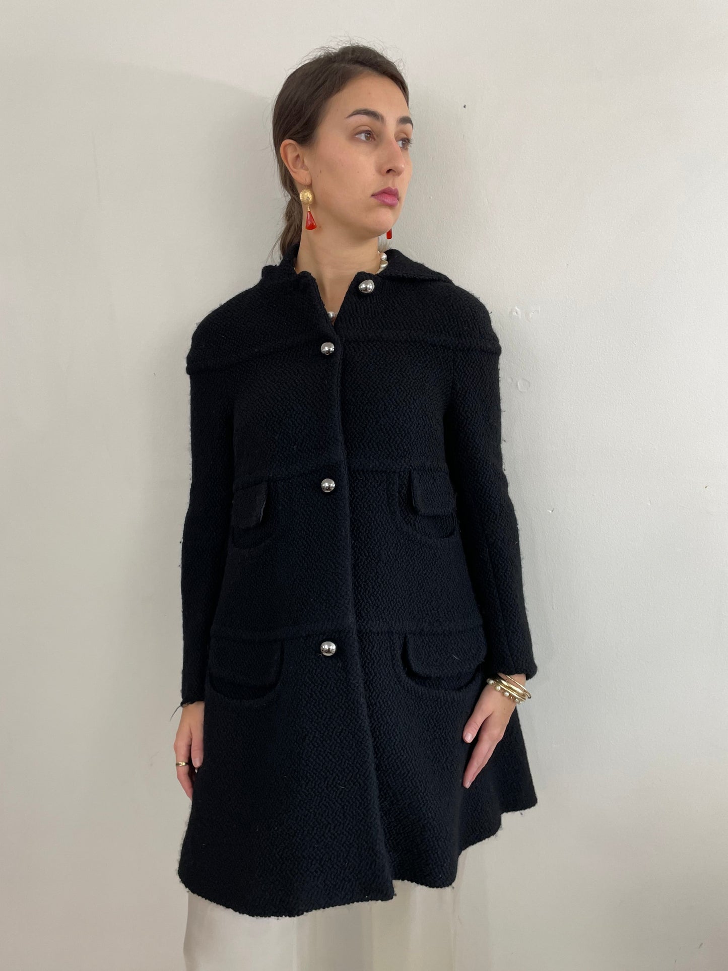 Vintage Black Boucle Wool Martin Grant Paris Hooded Swing Coat + Silver Buttons