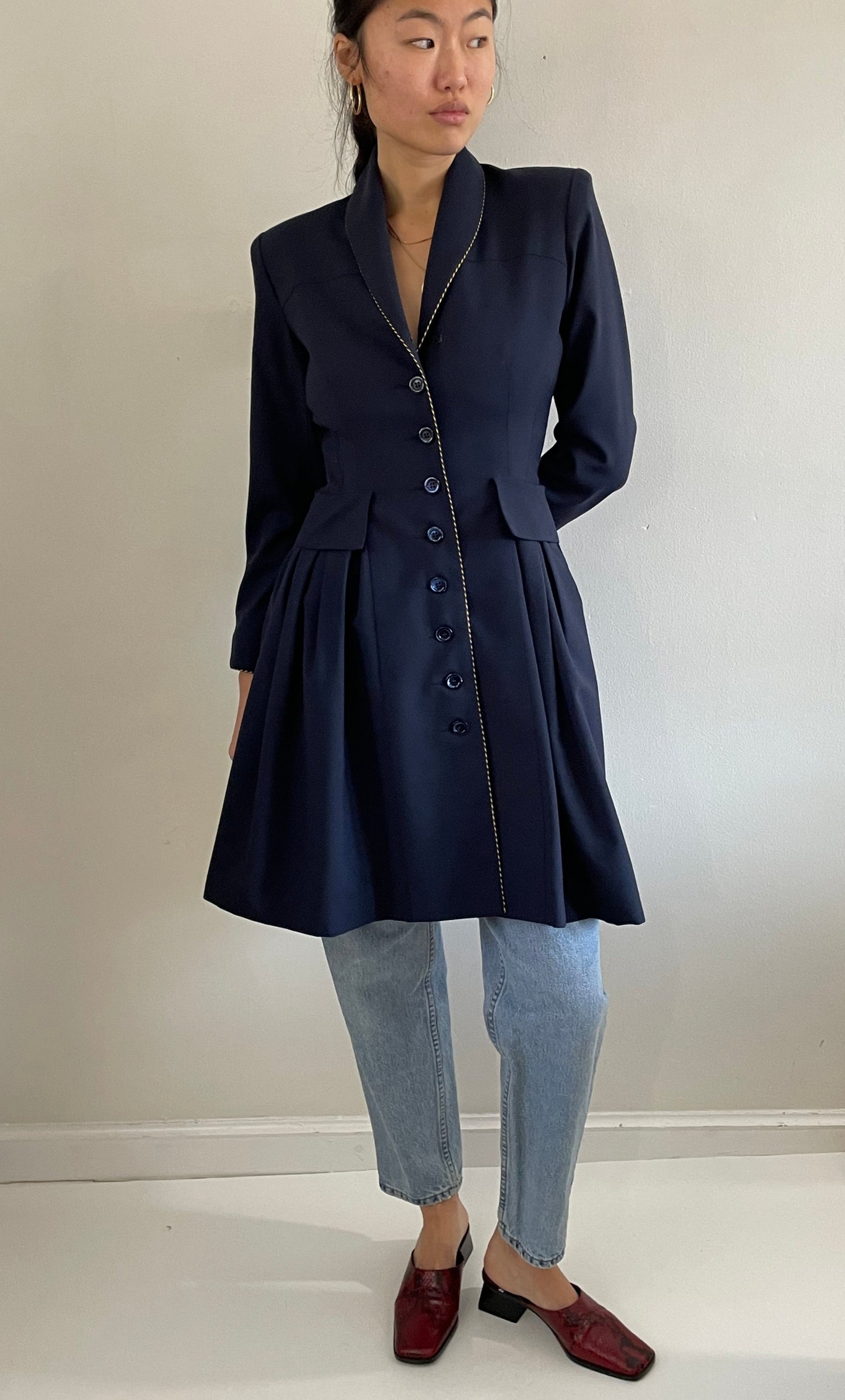 vintage Myrene de Premonville couture midnight blue nipped waist long line all season wool blazer