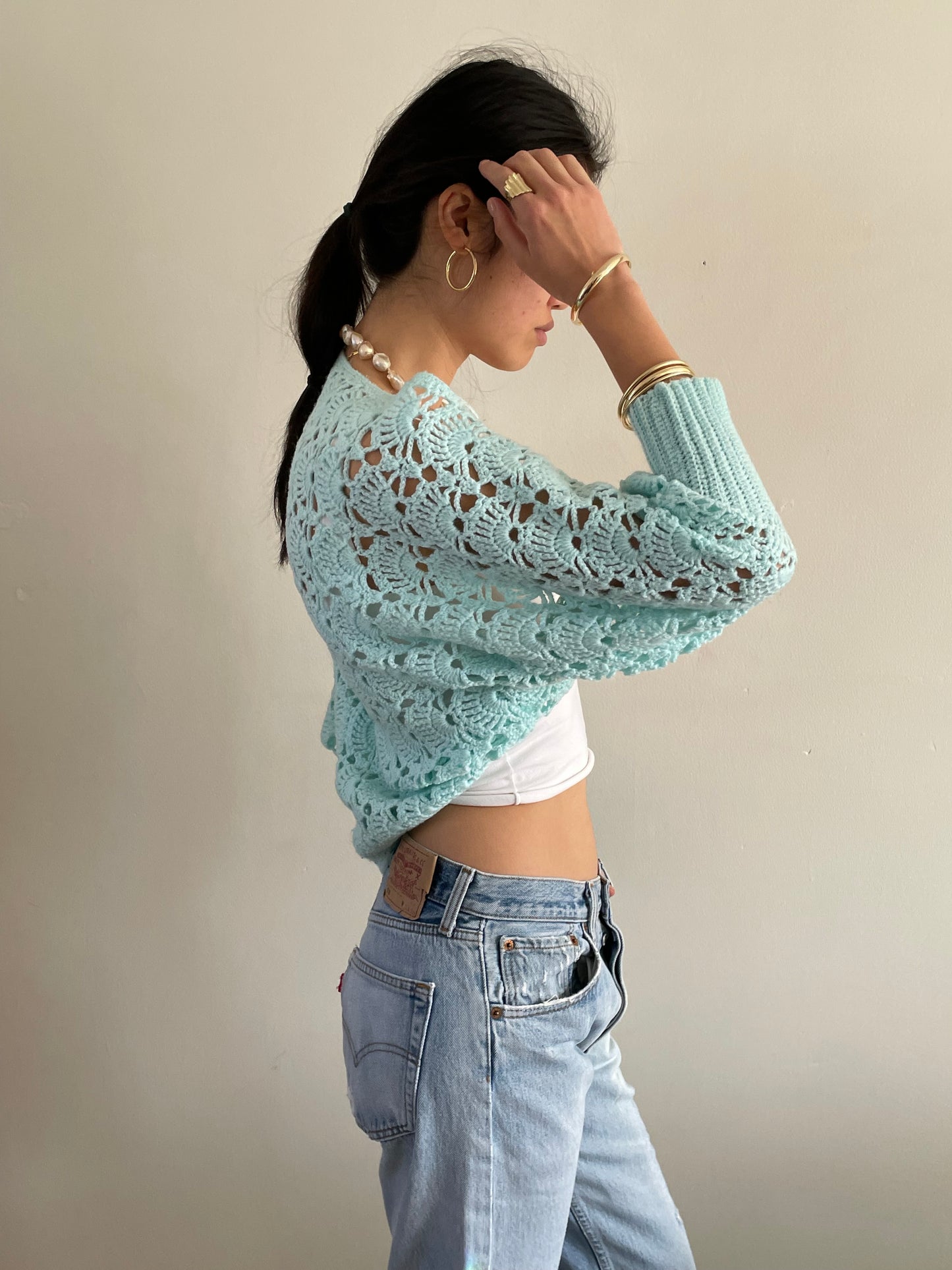 vintage aqua seafoam hand crochet cropped sweater shrug