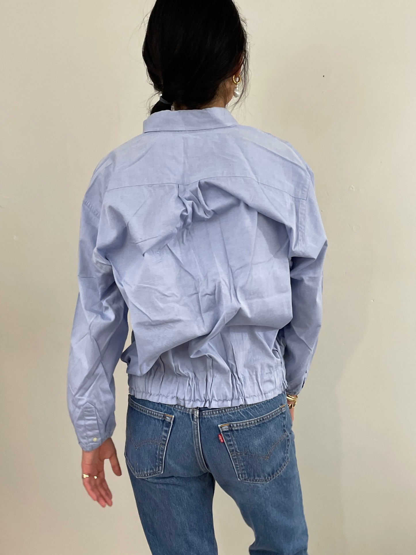 vintage 90s Ice Blue Cropped Blouson Cotton Shirt Blouse