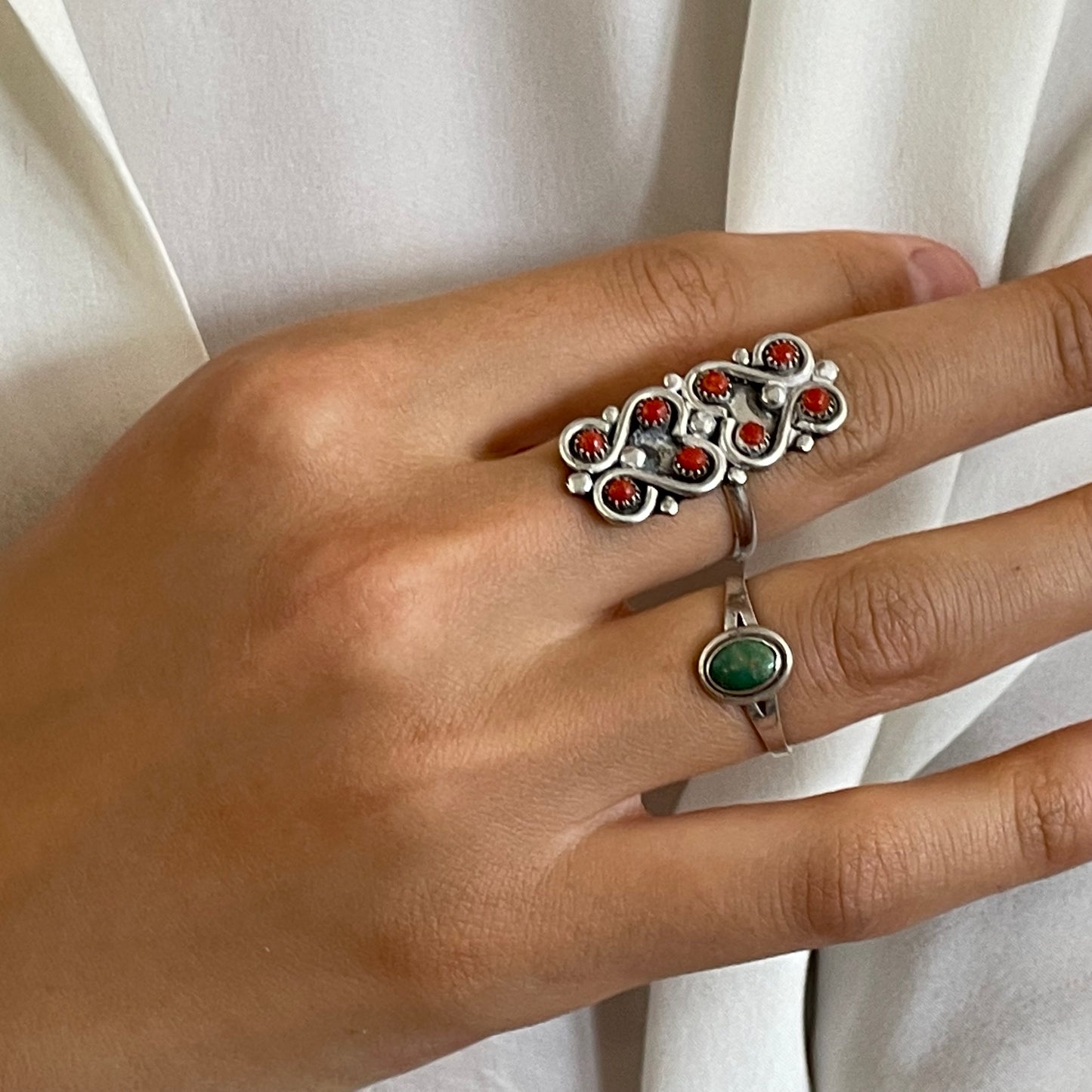 Vintage 50s Artisan Hand Wrought Navajo Red Coral Cluster Statement Sterling Silver Ring