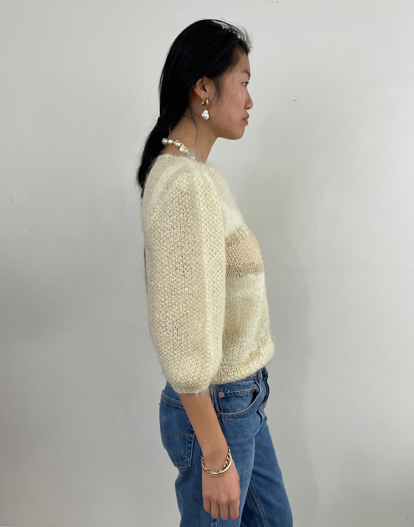 vintage 90s Handknit Mohair + Silk Ivory Fuzzy Boatneck Sweater