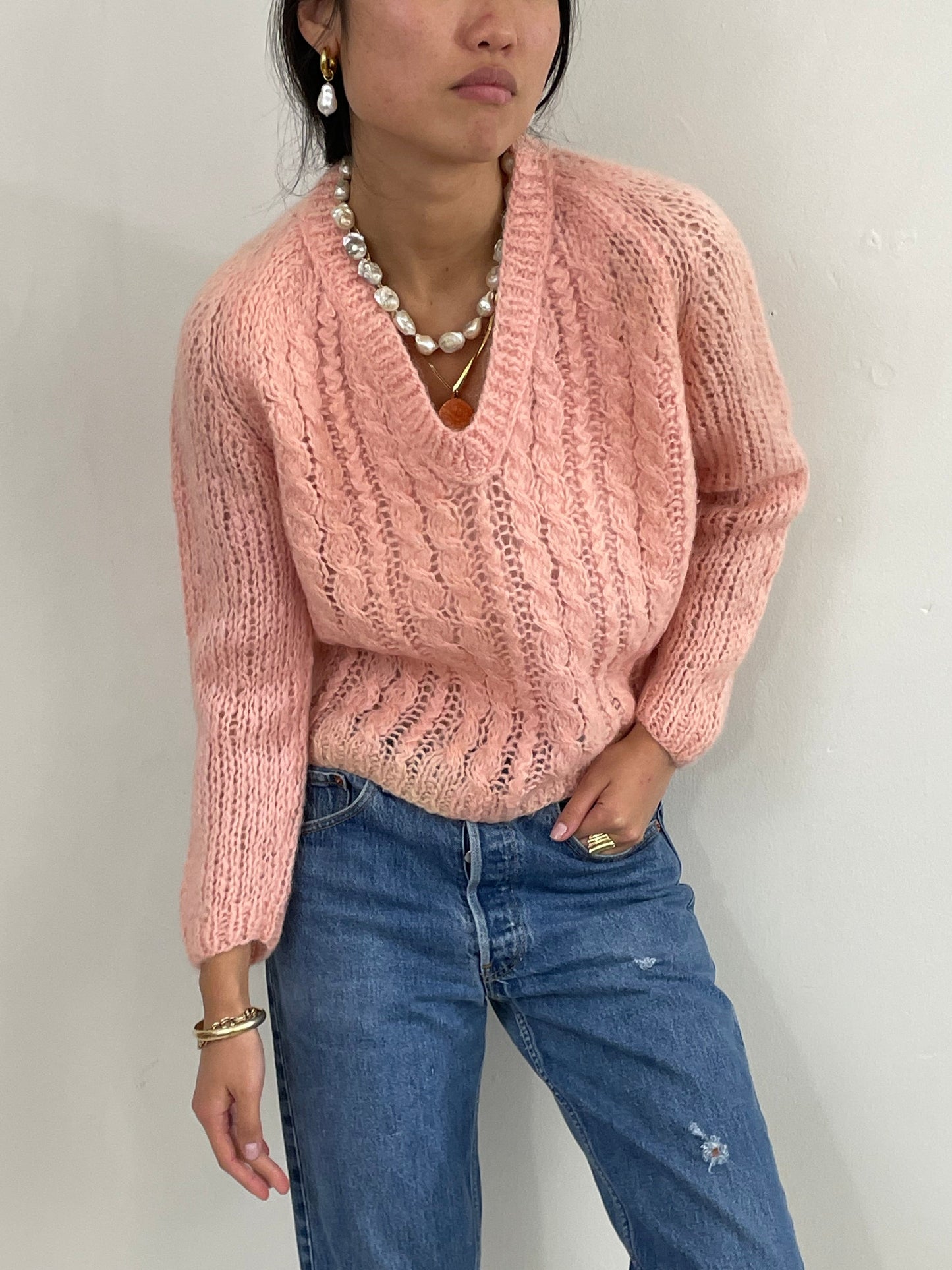 Vintage 60s Hand Knit Baby Pink Mohair Cropped Sweater M