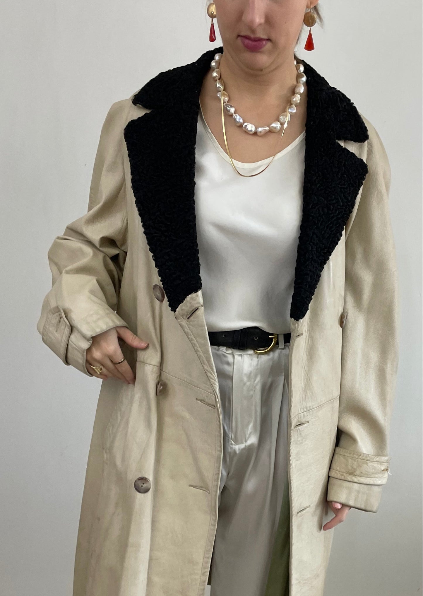 Vintage Leather Belted Trench Coat Persian Lamb Collar Menswear