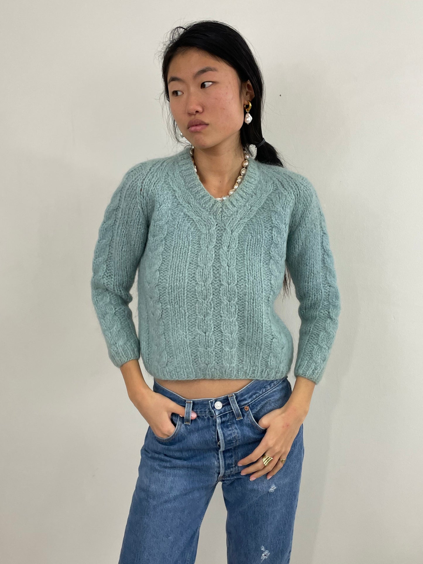 Vintage 60s Mohair Hand Knit Robins Egg Blue Cropped Cable Sweater S