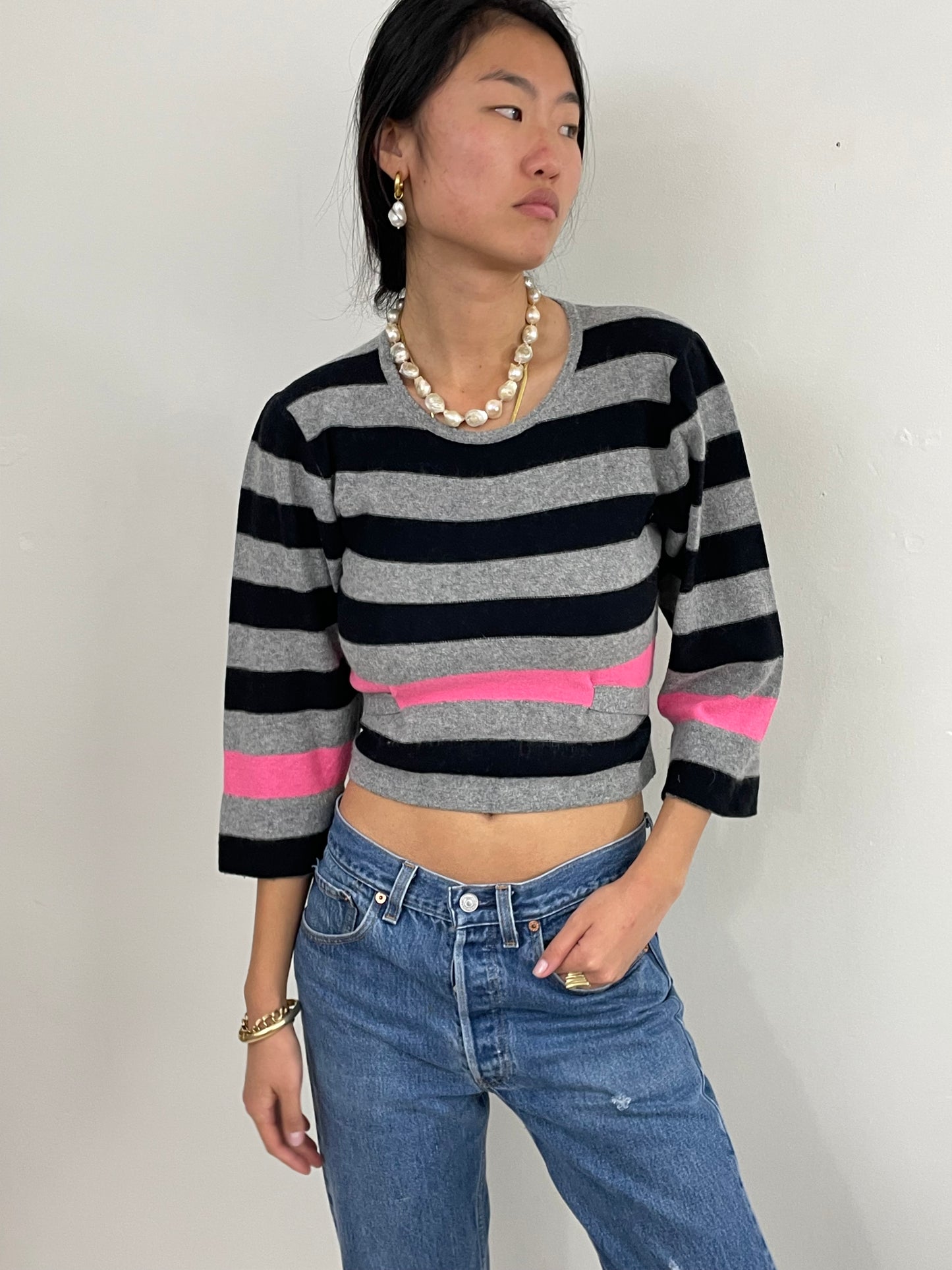 Vintage 80s Sonia Rykiel Striped Lambswool Cropped Sweater Italy