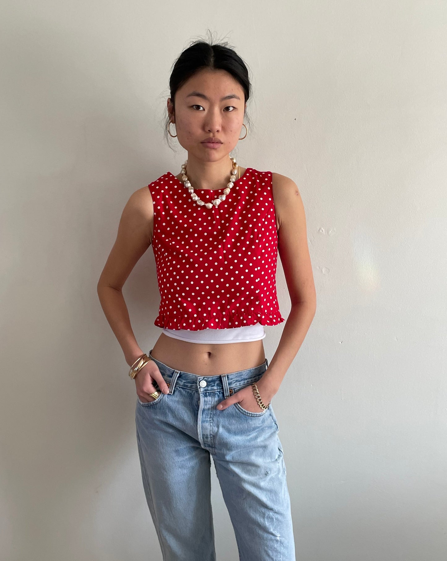 vintage 70s Lanz cotton polkadot cropped sleeveless blouse