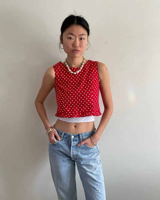 vintage 70s Lanz cotton polkadot cropped sleeveless blouse