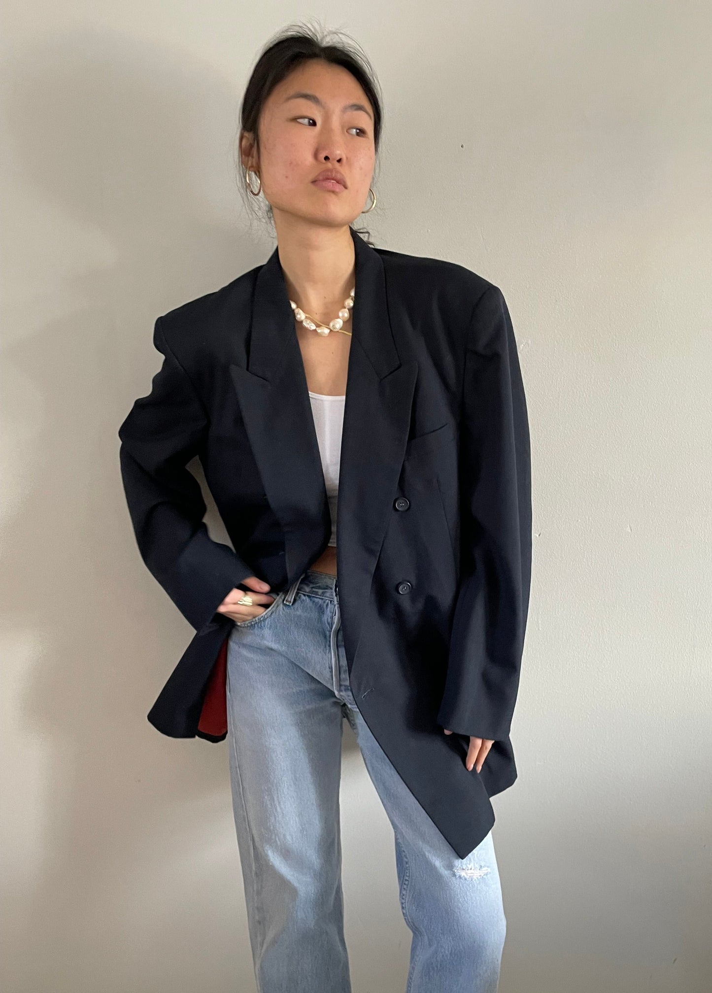 vintage oversized double breasted peaked lapel midnight navy blue menswear boyfriend blazer