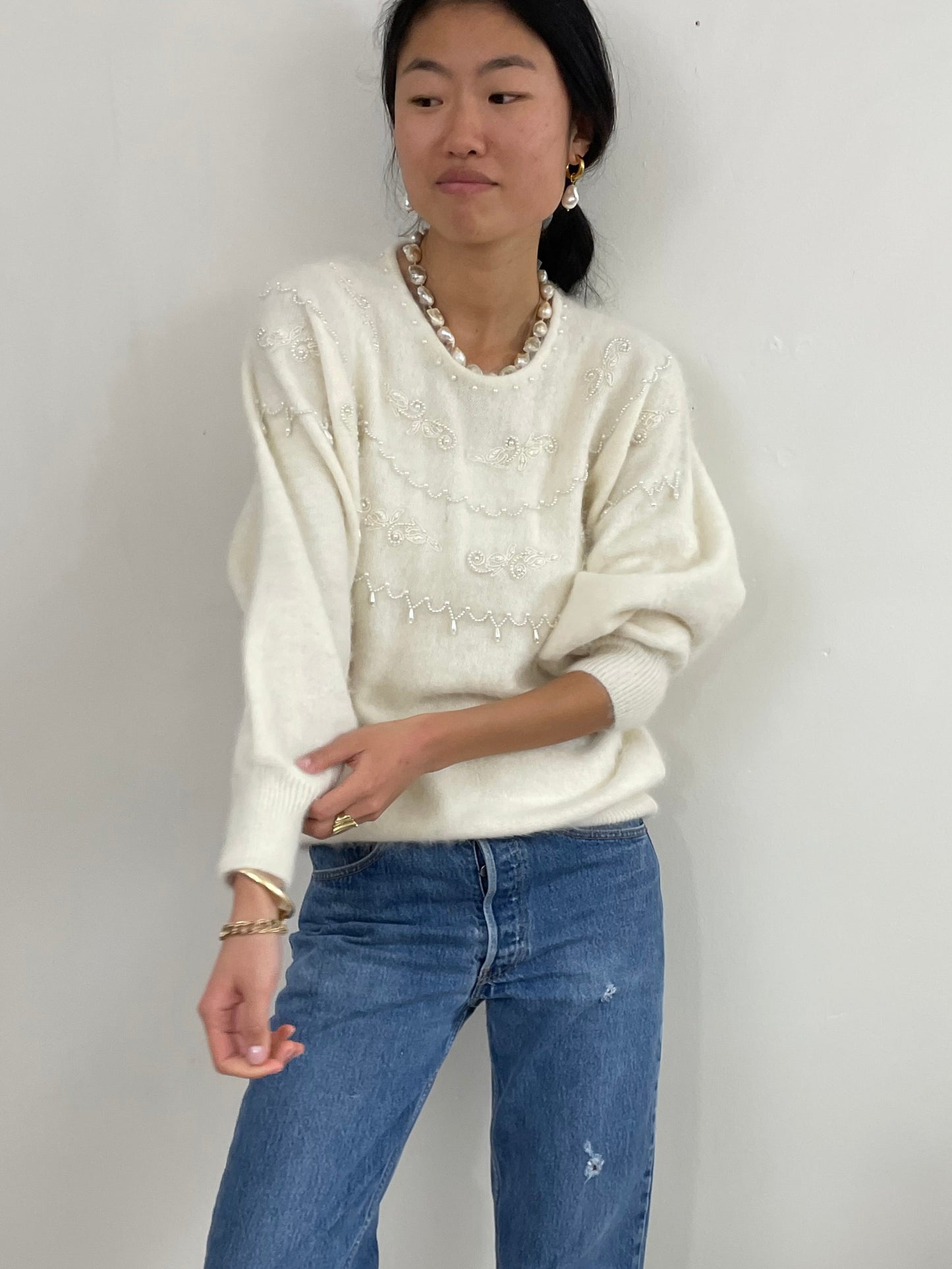 Vintage 90s Angora Beaded White Batwing Sweater Tunic Large