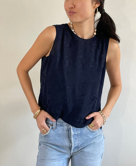 vintage 90s sleeveless 100% silk back button cropped midnight blue blouse | M