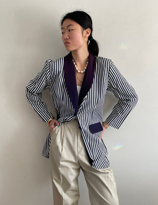 vintage 90s navy blue striped rayon blazer Large