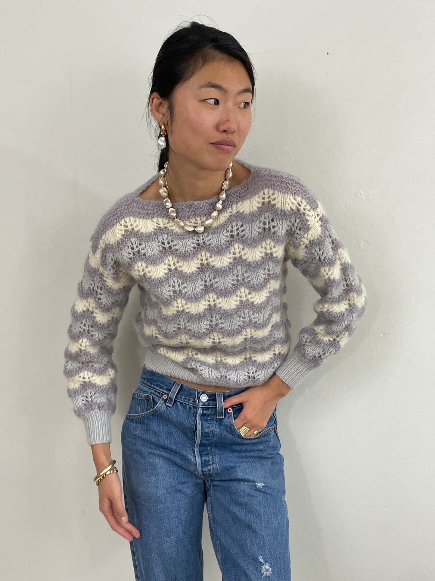 Vintage 70s Hand Knit Mohair Chevron Pointelle Open Knit Sweater