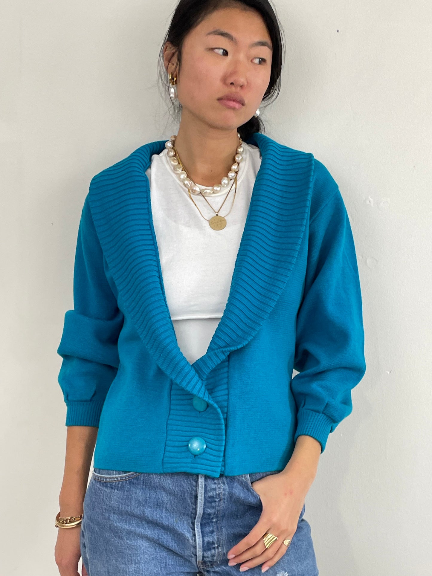 Vintage 70s Jaeger Wool Teal Shawl Collar Cardigan Small