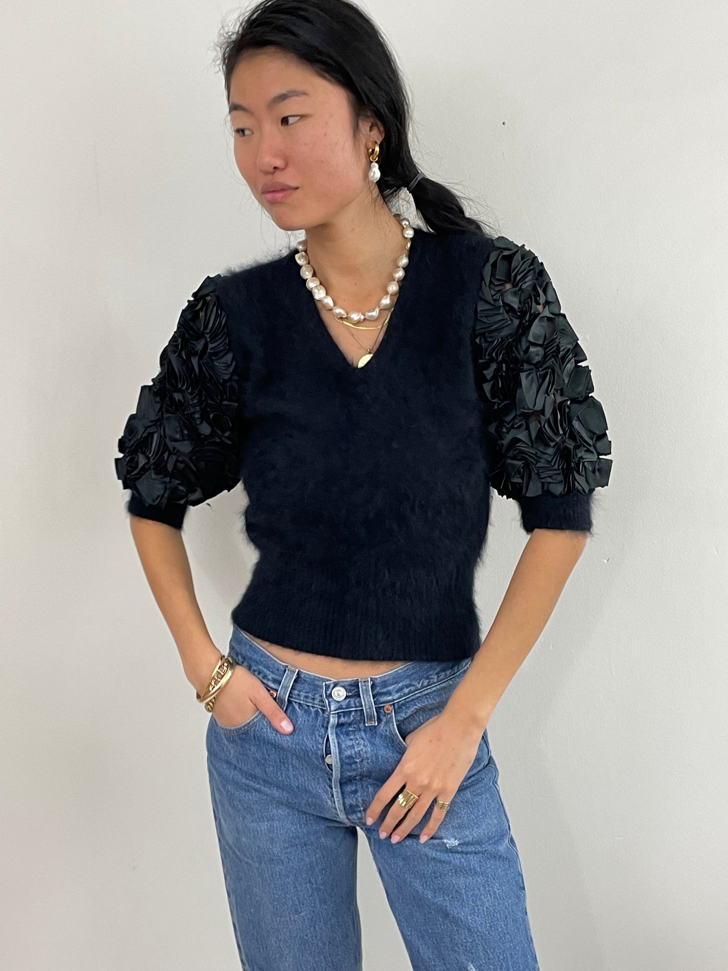 Vintage 80s Angora Puff Sleeve Black Fuzzy Sweater Med