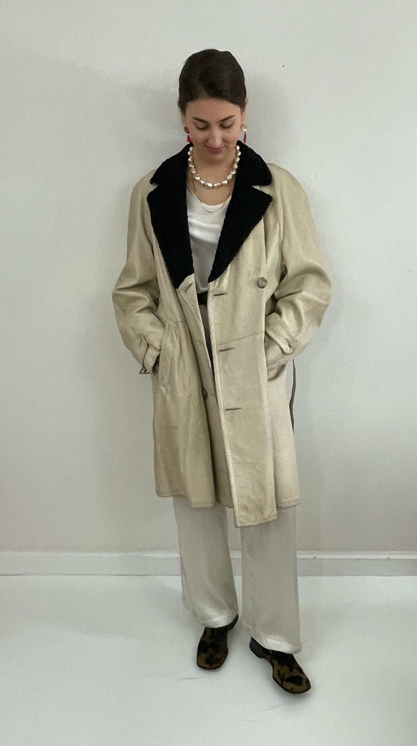 Vintage Leather Belted Trench Coat Persian Lamb Collar Menswear