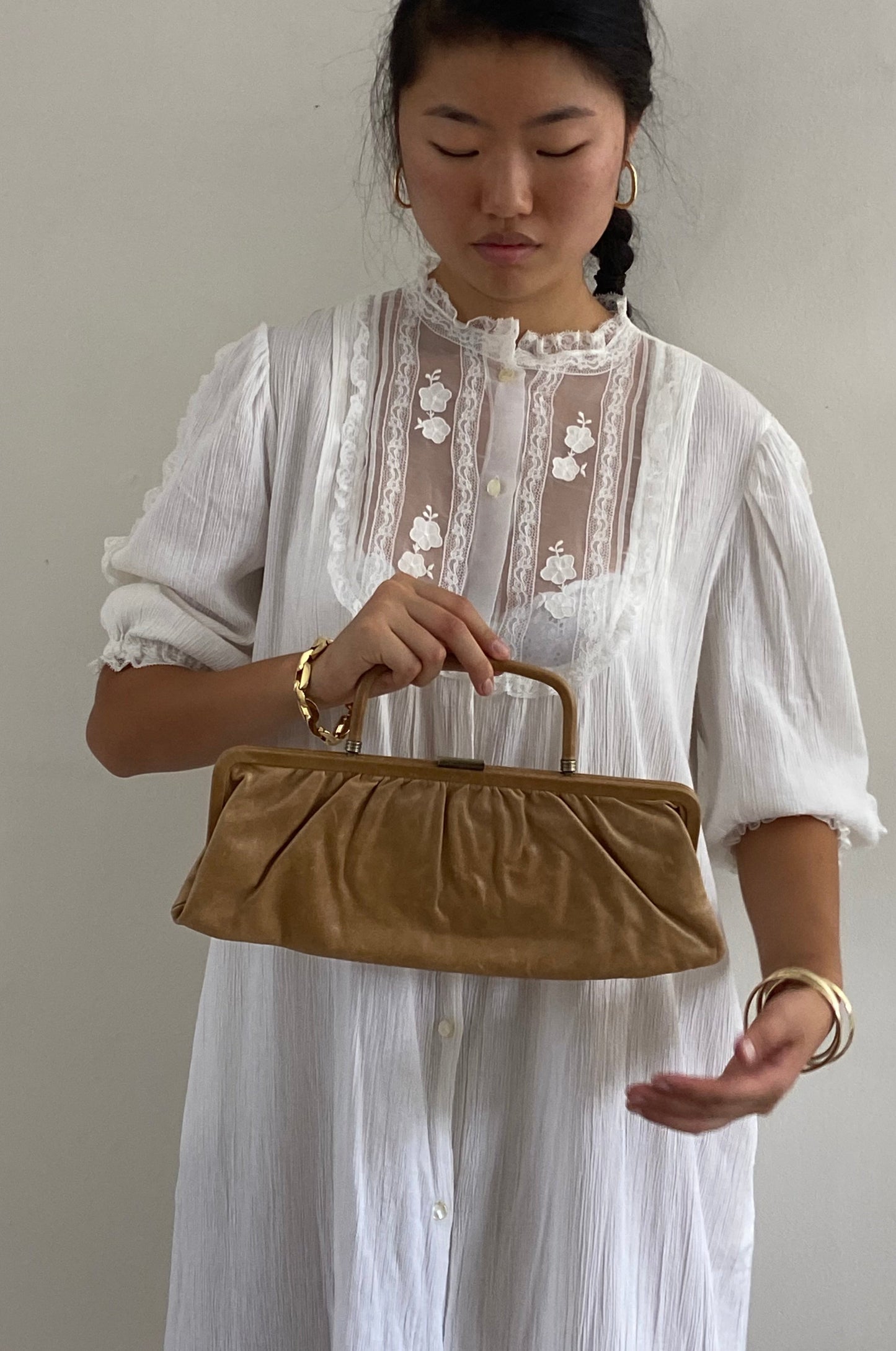 vintage leather baguette purse handbag | tan leather long smooth minimalist baguette with top handle