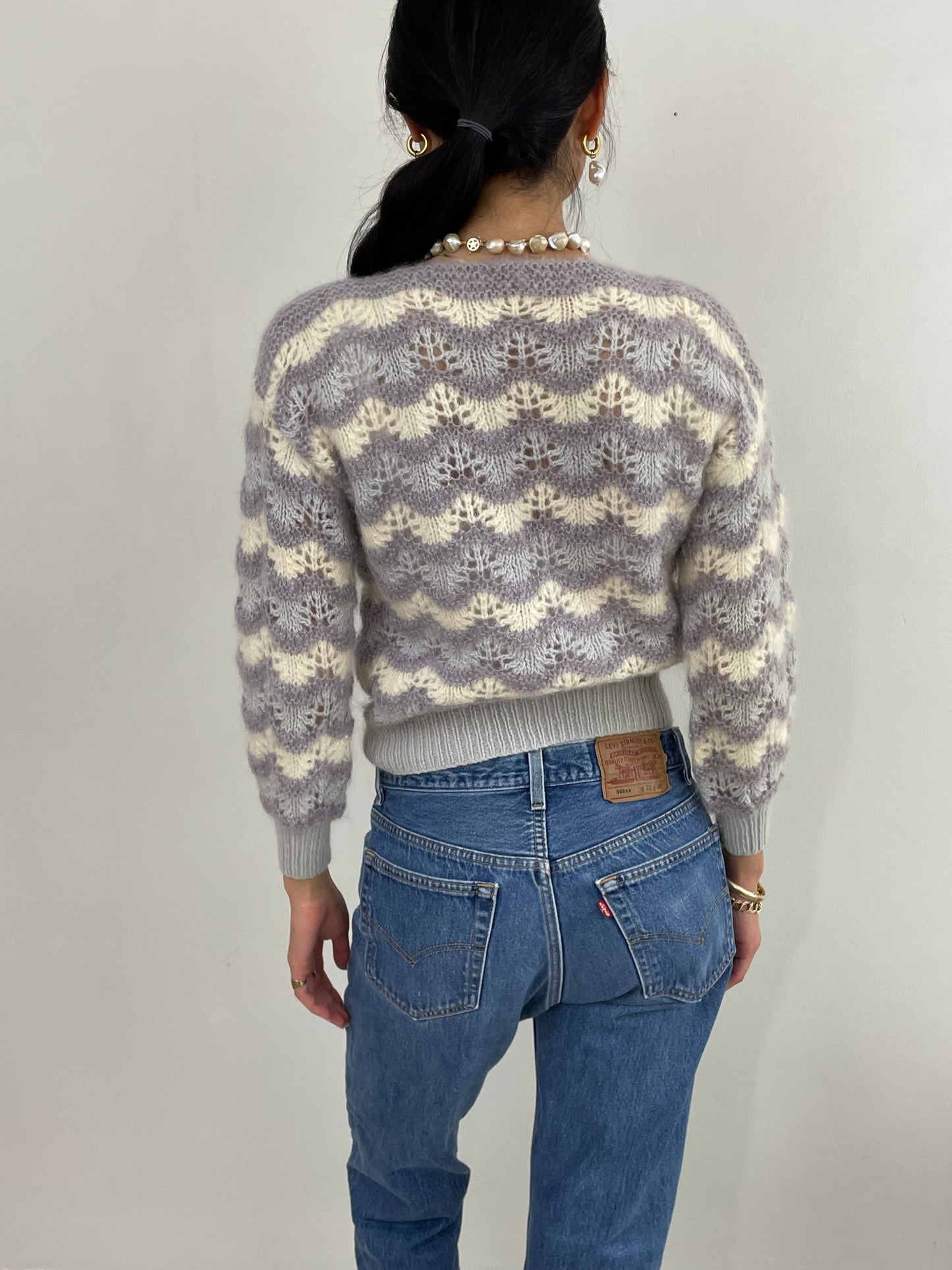 Vintage 70s Hand Knit Mohair Chevron Pointelle Open Knit Sweater