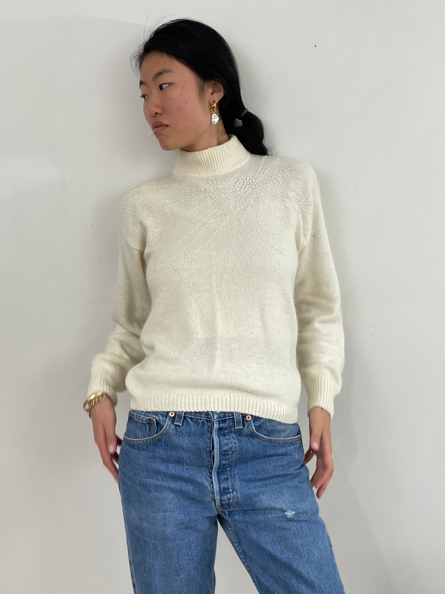 Vintage 90s Beaded Silk Angora Mockneck White Sweater Med