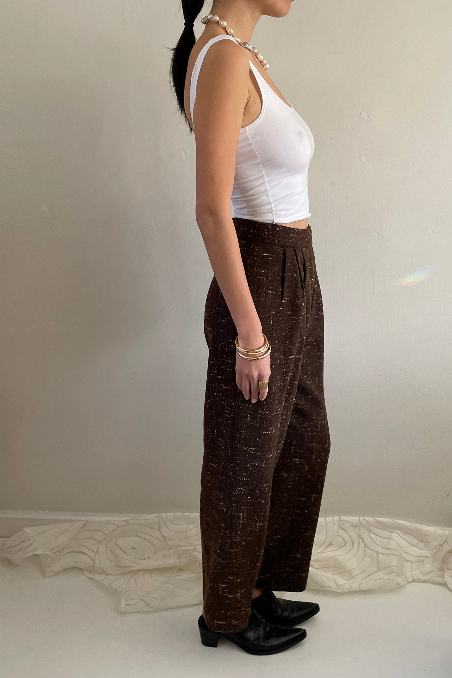 Vintage 90s Tweed Wide Leg Pleated Pants | Brown Wool Speckled Pants size 28 Waist