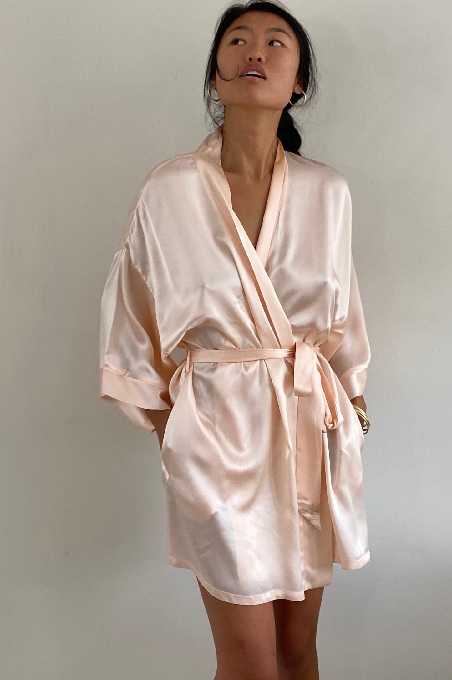 vintage 90s 100% silk charmeuse blush pink kimono robe L dress