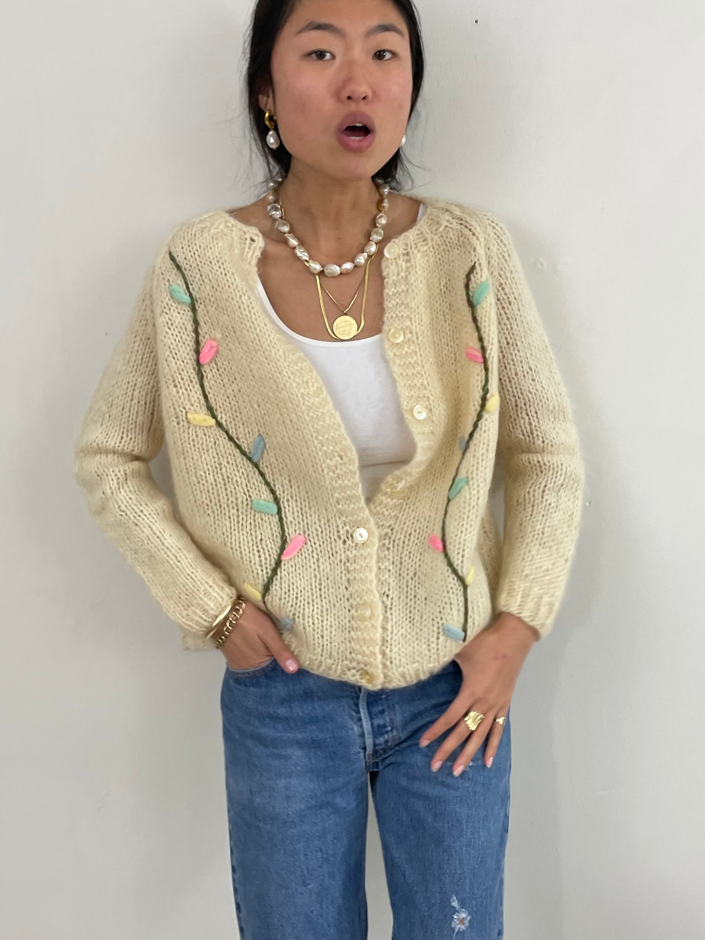 Vintage 60s Hand Knit Italian Fuzzy Wool Mohair Cardigan