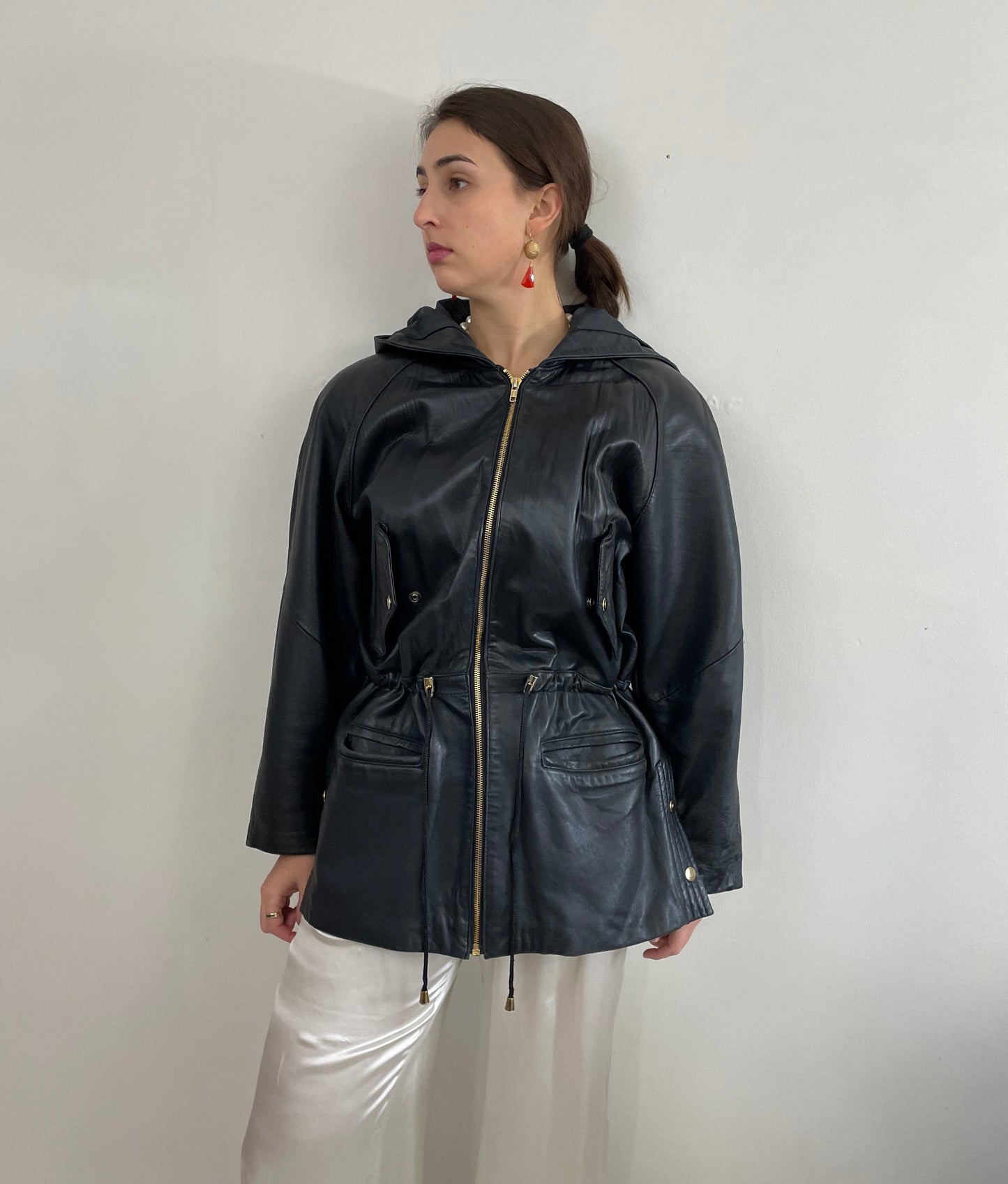Vintage 90s Black Leather Jacket: Hooded Raglan Sleeve Zip Front Coat Medium