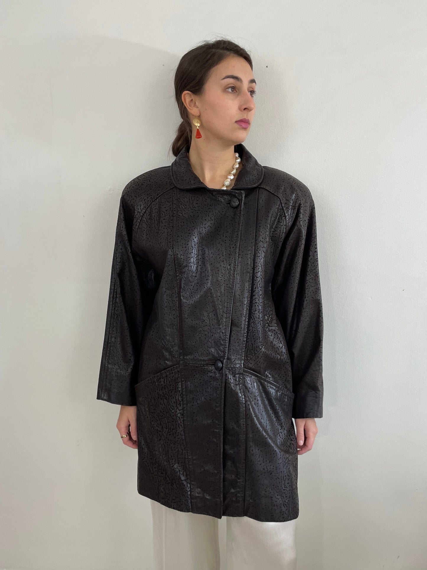 90s Embossed Leather Slouchy Brown Coat Jacket | Medium