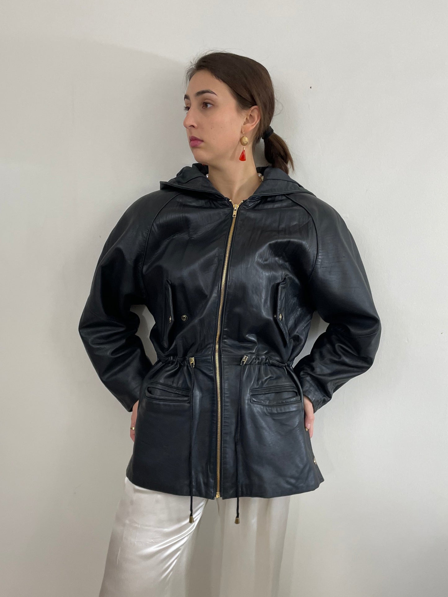 Vintage 90s Black Leather Jacket: Hooded Raglan Sleeve Zip Front Coat Medium
