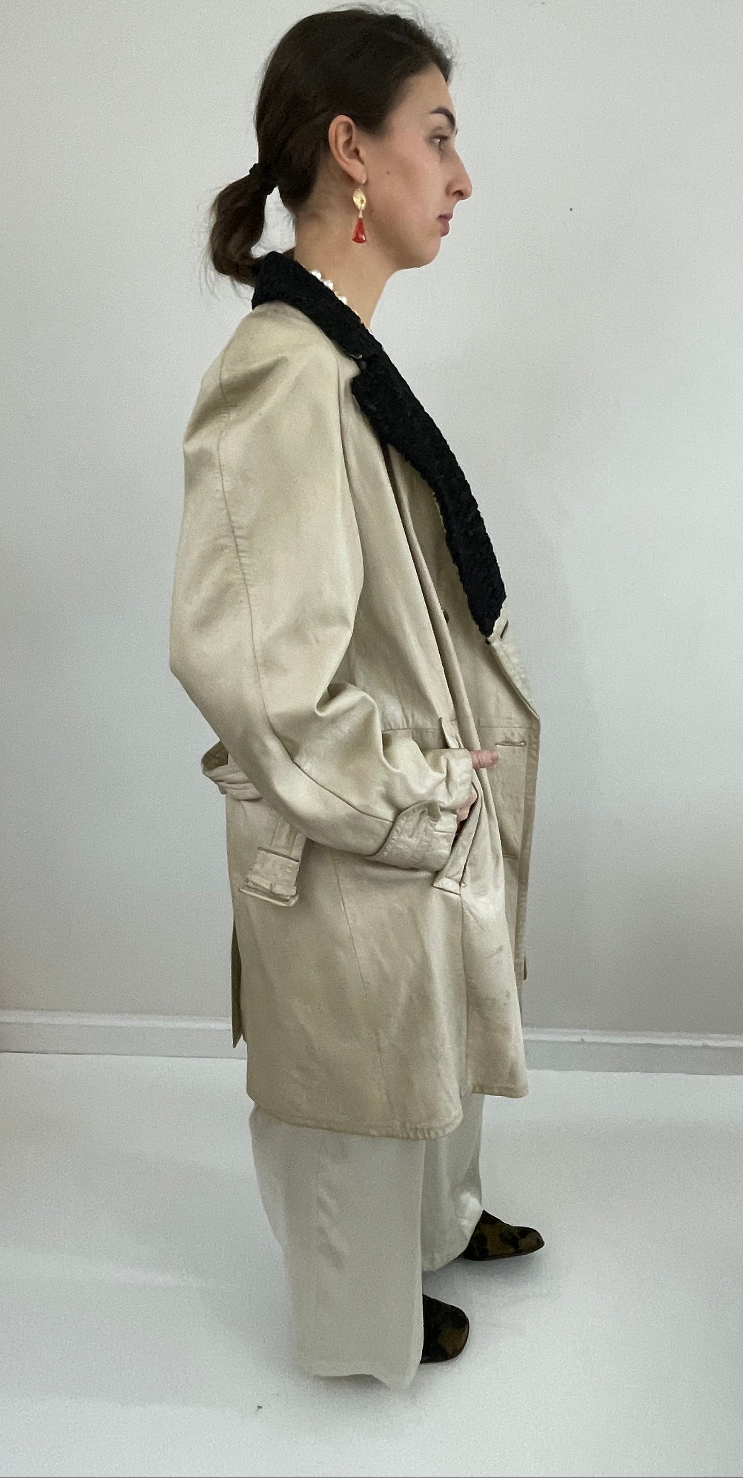 Vintage Leather Belted Trench Coat Persian Lamb Collar Menswear