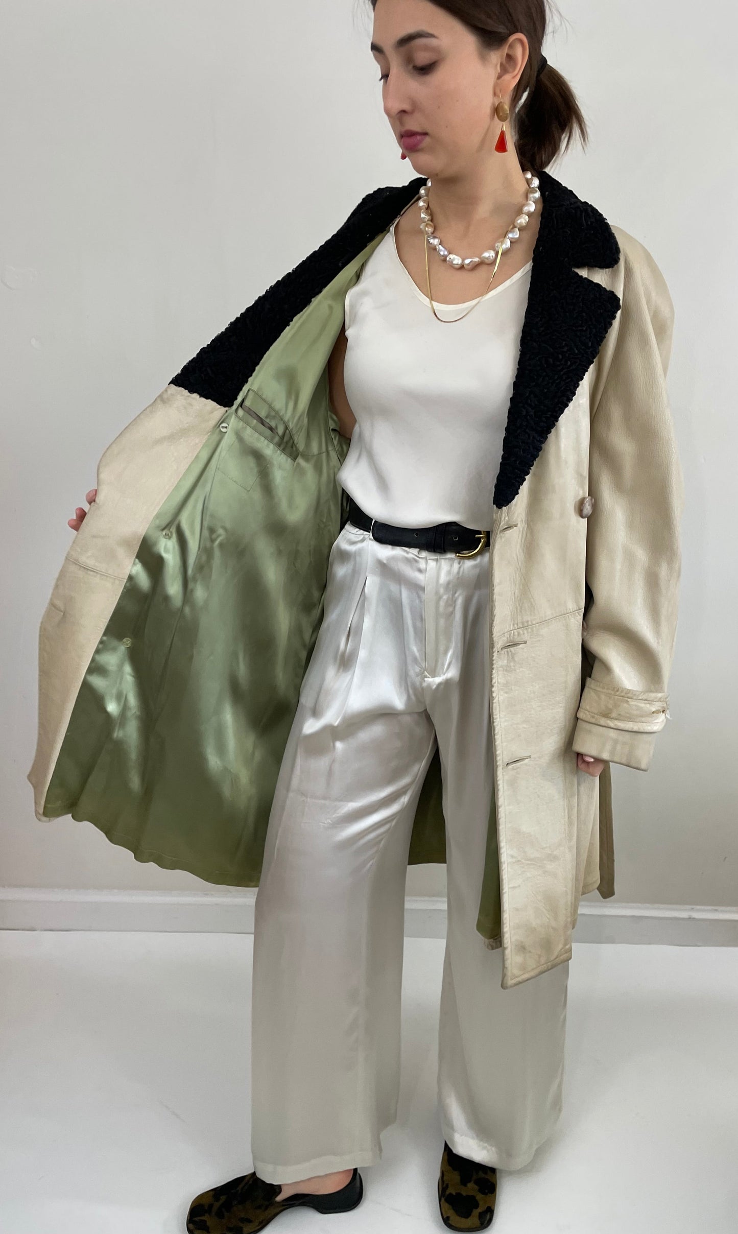 Vintage Leather Belted Trench Coat Persian Lamb Collar Menswear