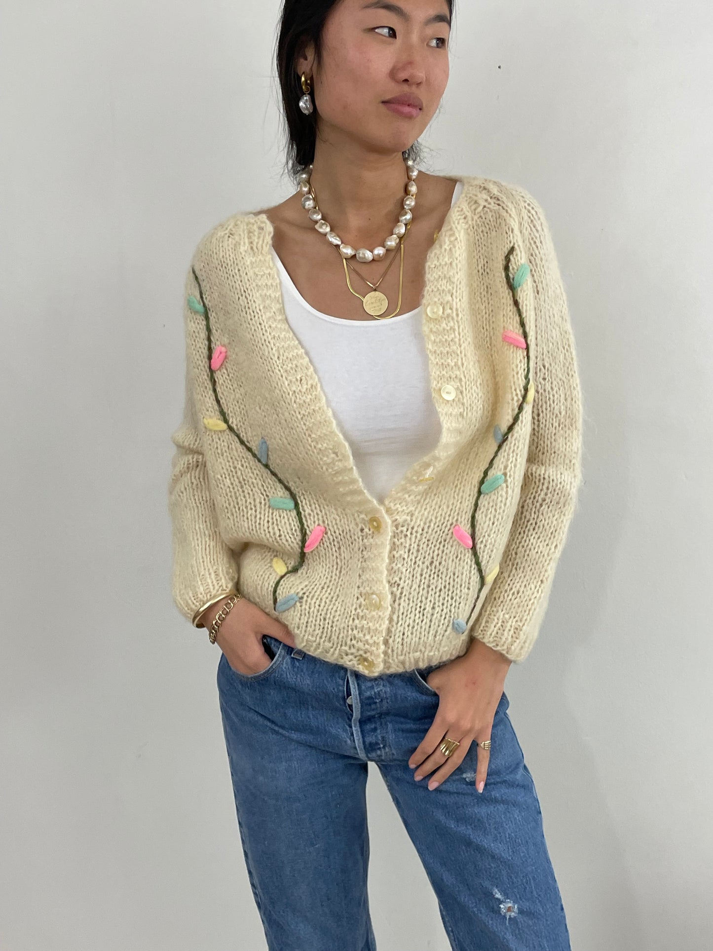 Vintage 60s Hand Knit Italian Fuzzy Wool Mohair Cardigan