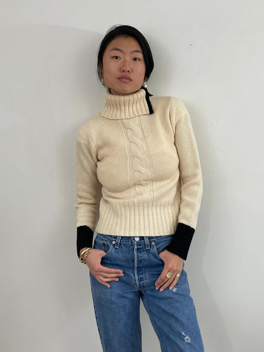 Vintage DKNY Lambswool Turtleneck Ivory Cropped Sweater Small