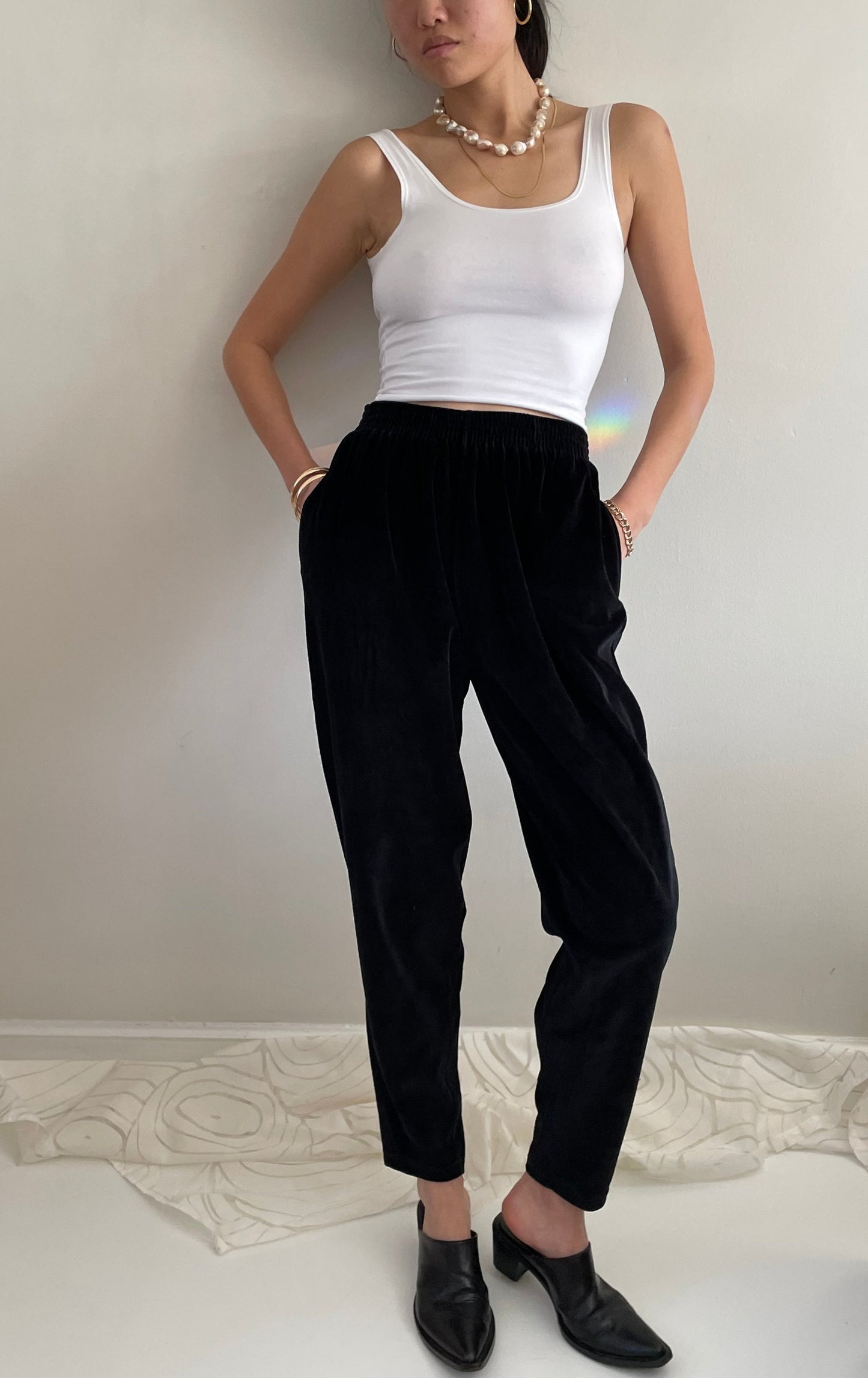 vintage 90s black velour elastic waist stretch velvet jogger pants