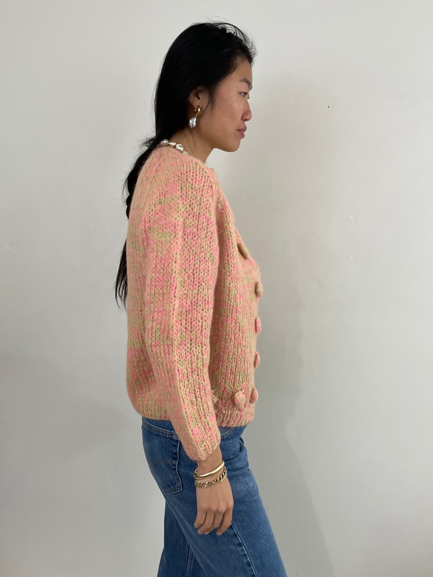 Vintage 60s Mohair Hand Knit Variegated Fuzzy Cardigan M