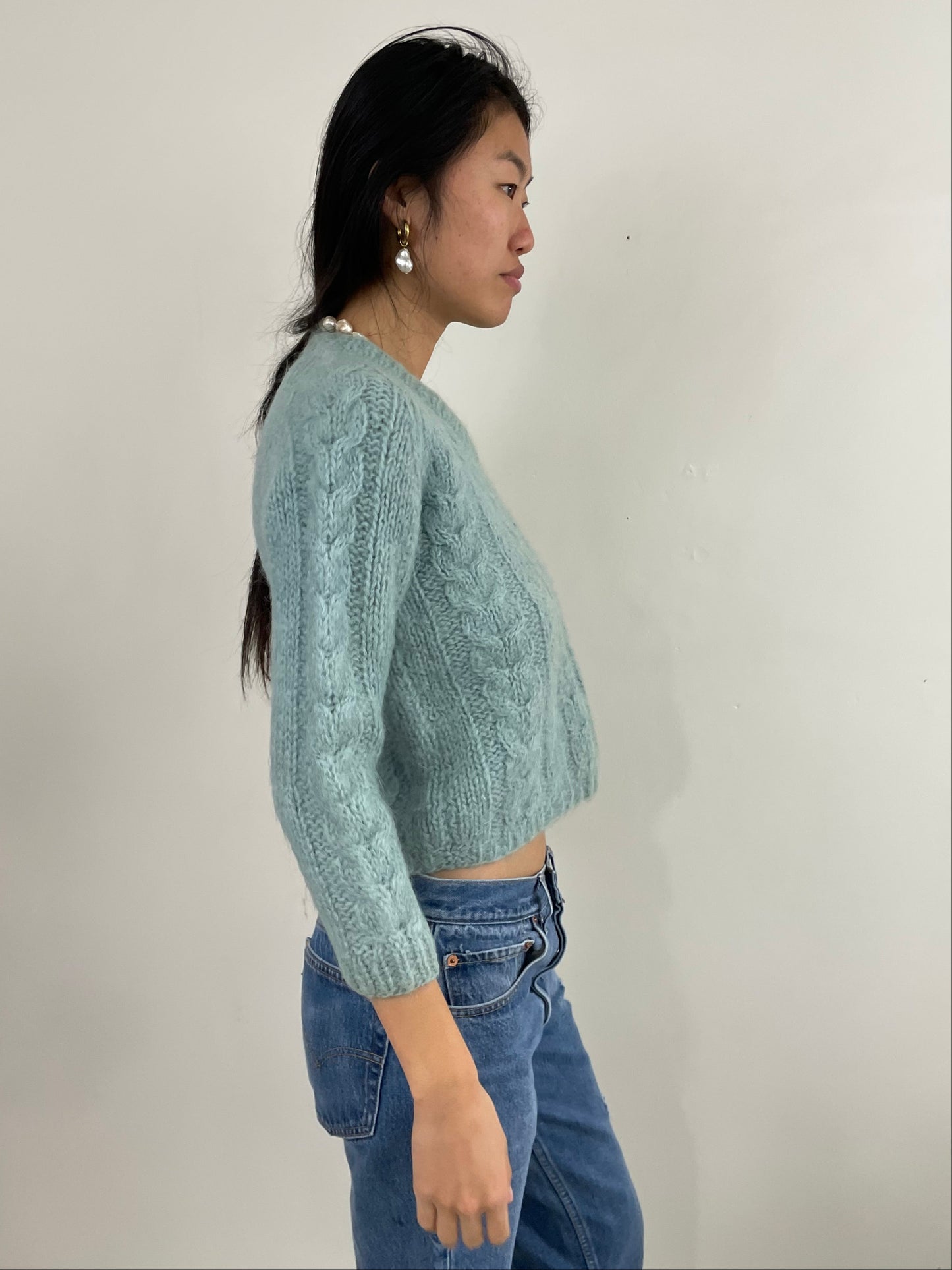 Vintage 60s Mohair Hand Knit Robins Egg Blue Cropped Cable Sweater S