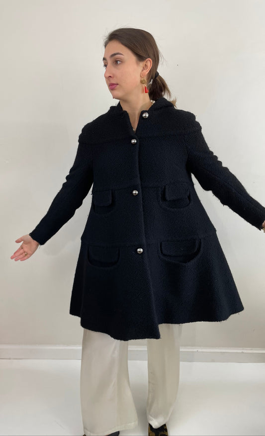 Vintage Black Boucle Wool Martin Grant Paris Hooded Swing Coat + Silver Buttons