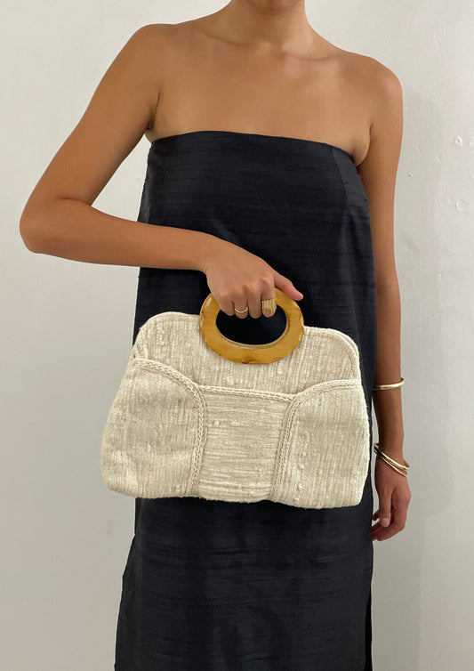 vintage wooden top handle nubby woven cream ivory purse handbag clutch