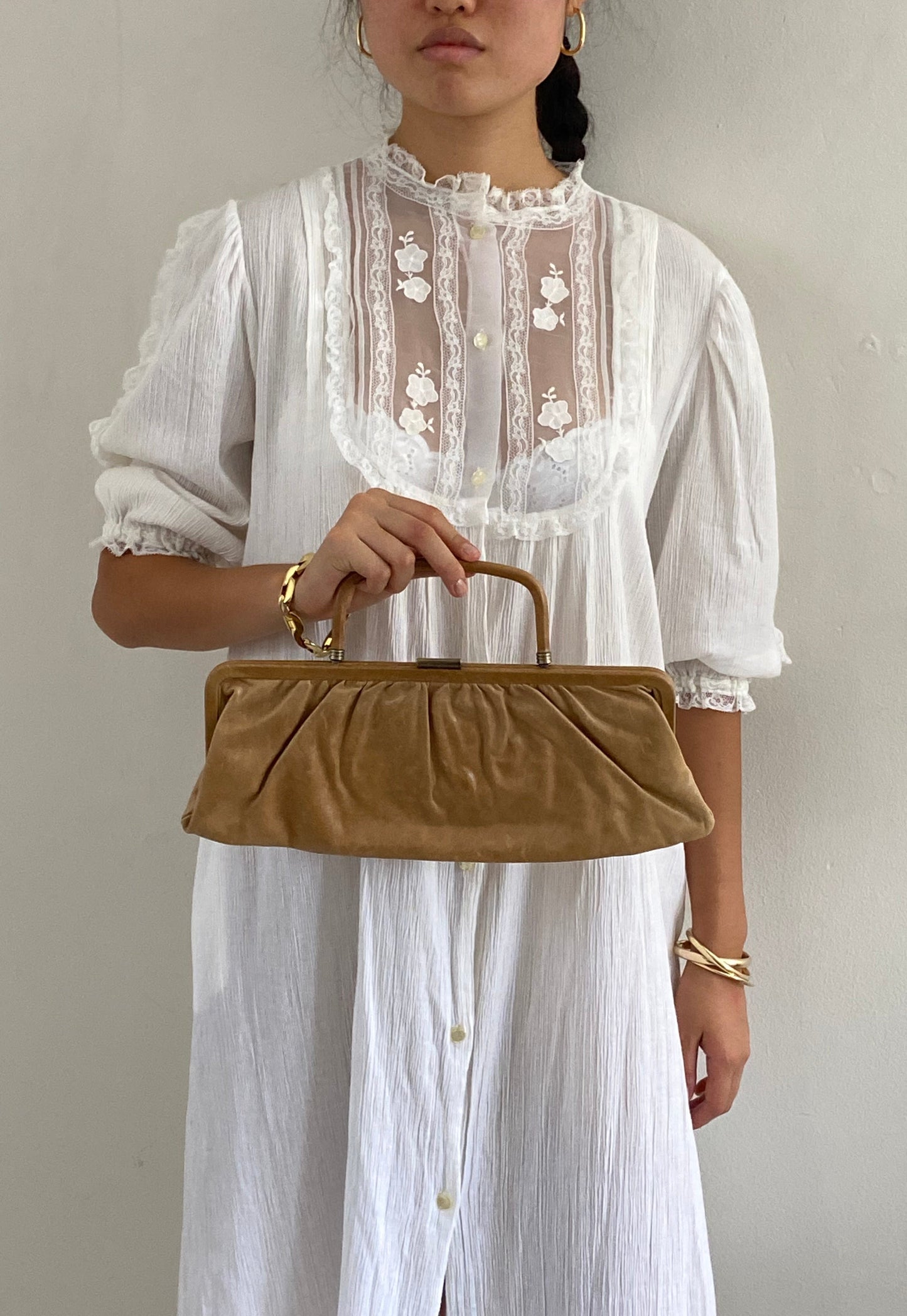 vintage leather baguette purse handbag | tan leather long smooth minimalist baguette with top handle